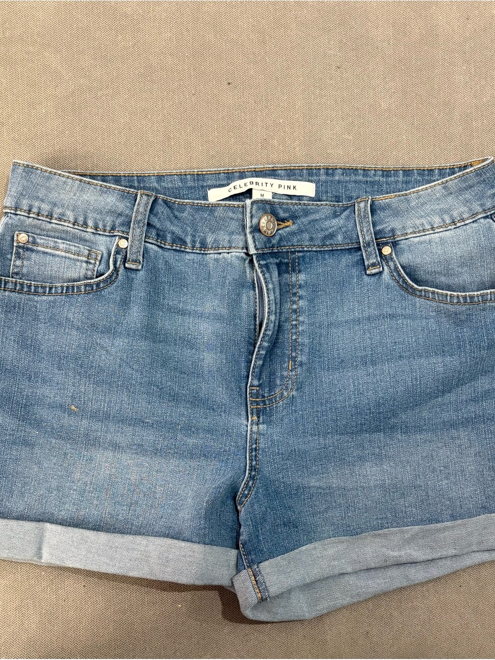 Celebrity Pink Medium Wash Rolled Hem Denim Shorts